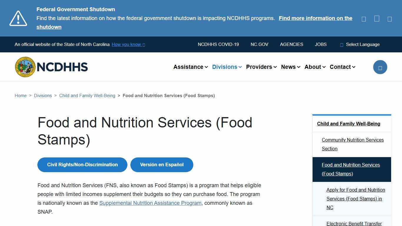 NC DHHS: Food and Nutrition Services Food Stamps